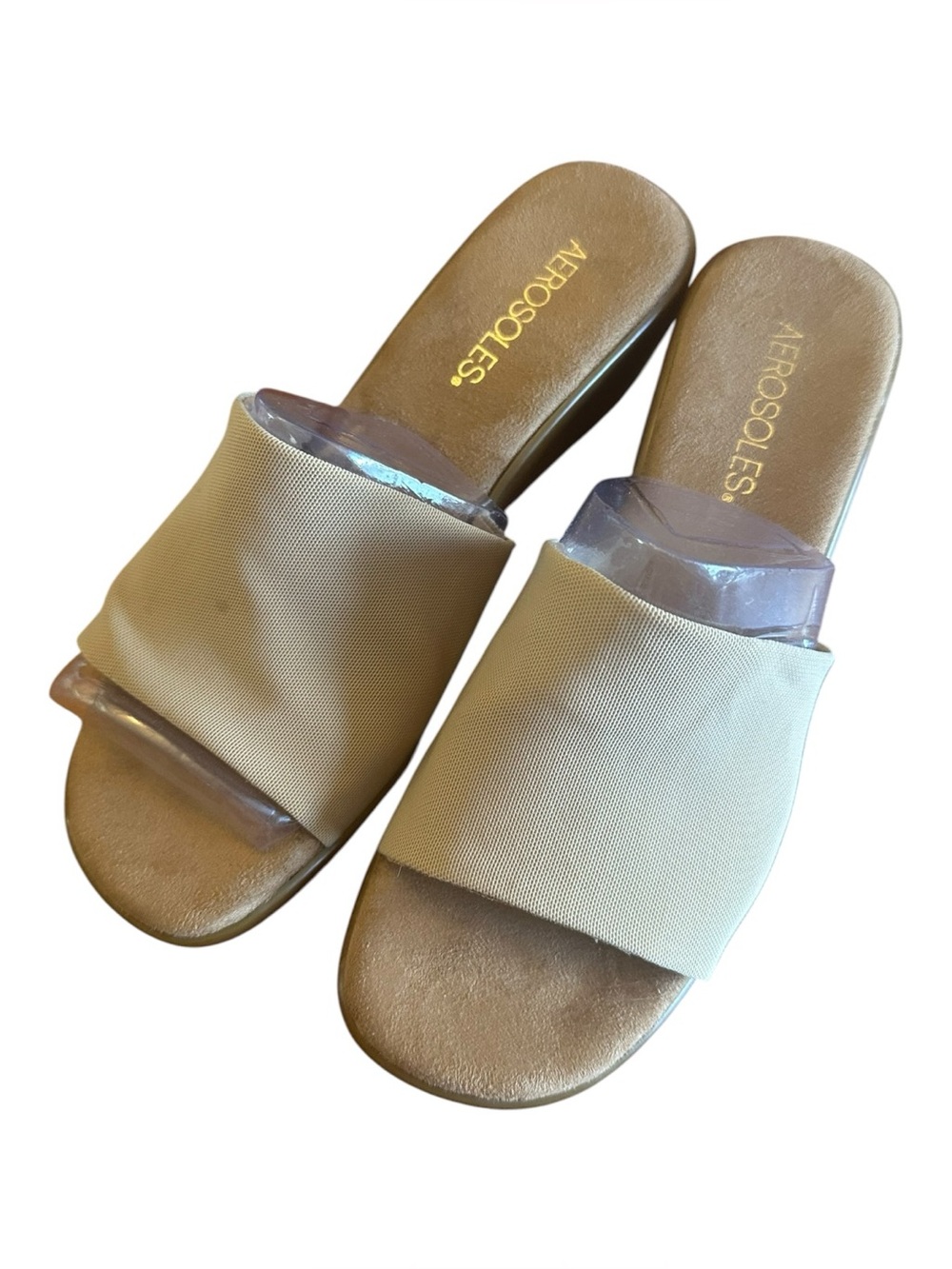 Aerosoles Women’s Size 7 Beige Stretch Slide Sandals Low Wedge New Without Box